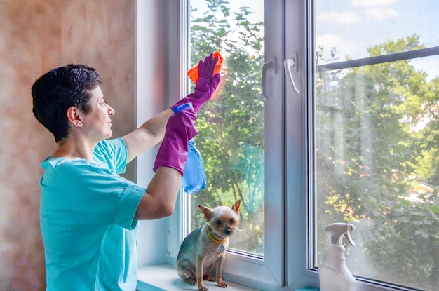 Vrouw met rubberen handschoenen wast raam en houdt raamreinigingsspray in handen. schoonmaakdiensten