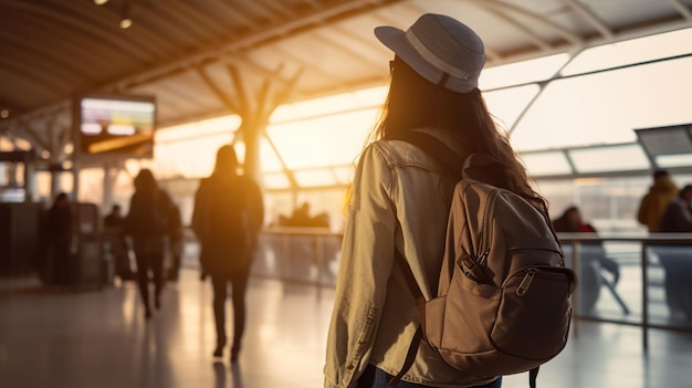 vrouw met rugzak op de luchthaven