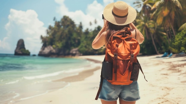 Vrouw met rugzak op het strand