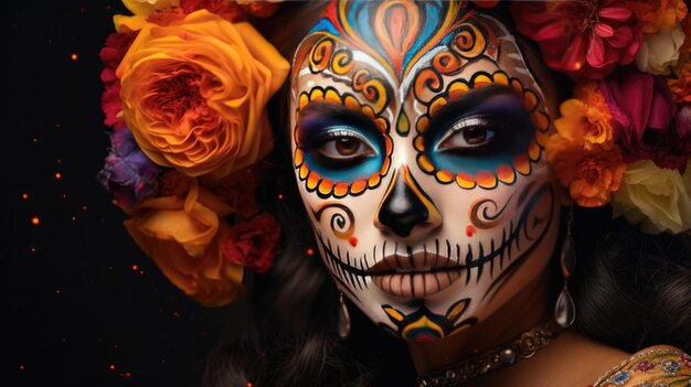 Vrouw met schmink en bloemen in haar haar Chico De Mayo