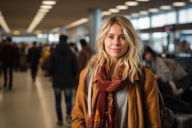 Vrouw met sjaal op de luchthaven