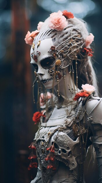 Vrouw met skelet hoofd en bloemen in futuristische mode Cyberpunk elegantie Sculpturale cyberpunk