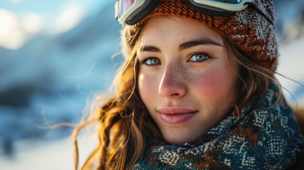 Vrouw met ski-bril en ski-helm op de sneeuwberg