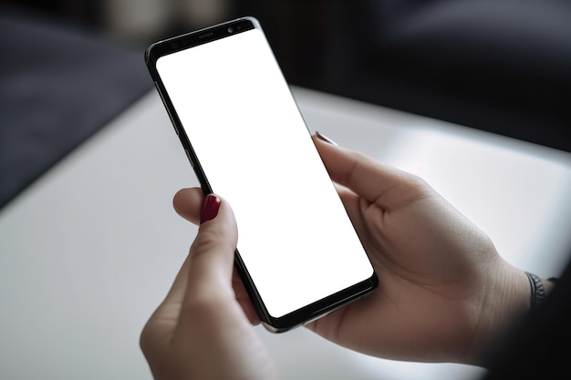 Vrouw met smartphone met leeg wit scherm Smartphone mock up Lege kopie ruimte voor app game website presentatie Leeg mobiele telefoonscherm klaar voor uw ontwerp Generatieve AI