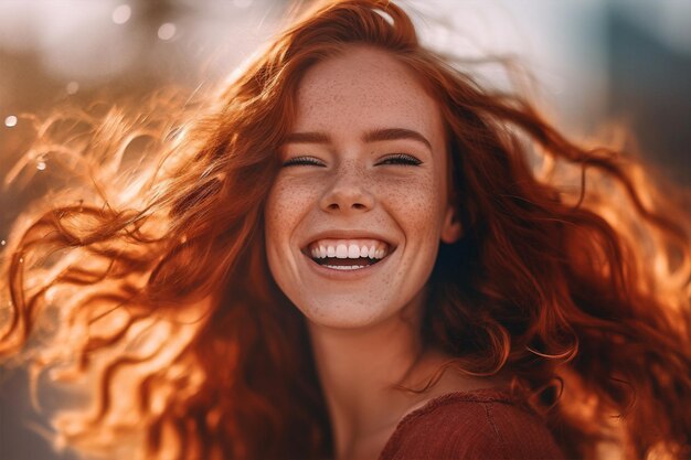 Foto vrouw met sproeten portret haar schoonheid gezicht jong blank gelukkige glimlach rood generatieve ai