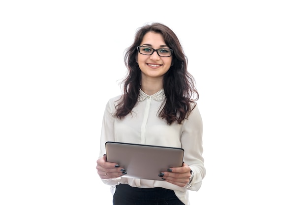 Vrouw met tablet geïsoleerd op wit