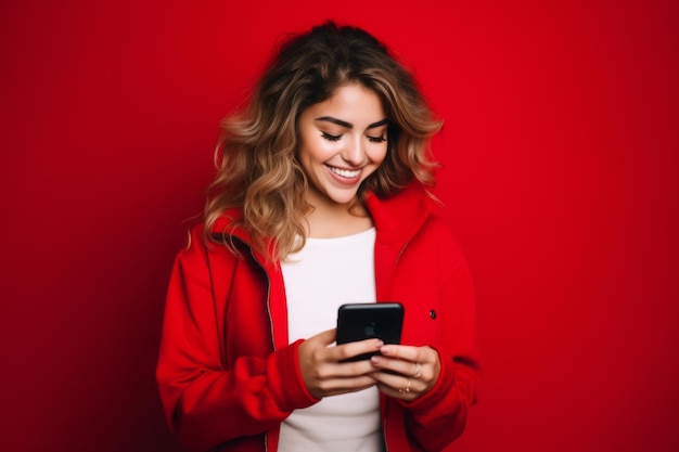 Vrouw met telefoon op rode achtergrond