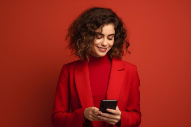 Vrouw met telefoon op rode achtergrond