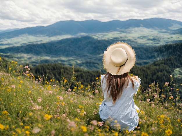 Vrouw met toeristische pet ontspant zich in bloemen en bewondert het uitzicht