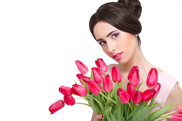 Vrouw met tulpenboeket