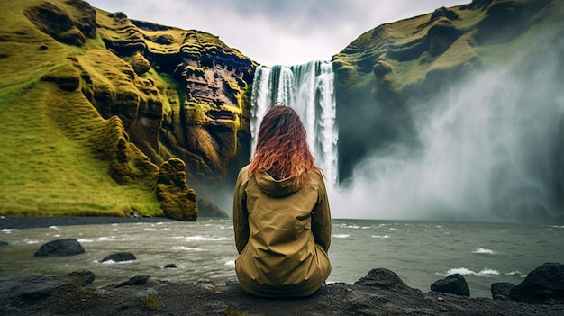 Vrouw met uitzicht op een prachtige waterval bij skogafoss IJsland