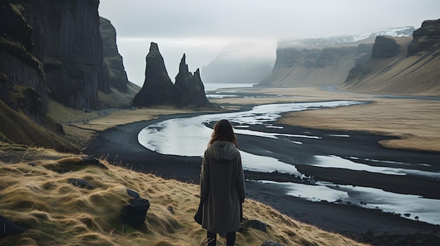 Vrouw met uitzicht op Vik IJsland