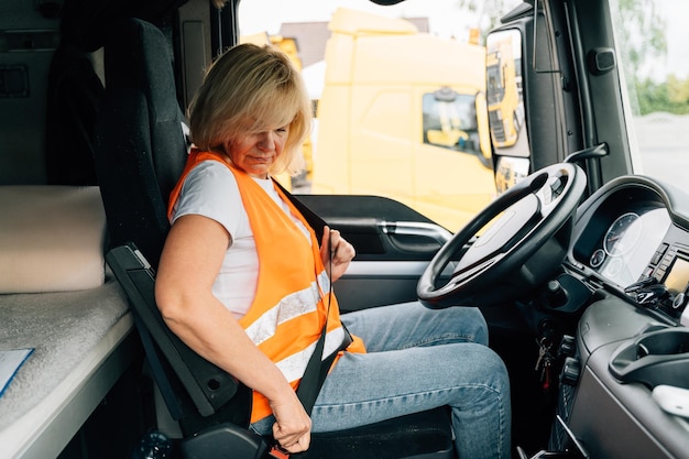Vrouw met veiligheidsgordel zit in vrachtwagen