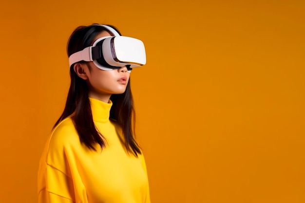 Vrouw met virtual reality-simulator op gele achtergrond