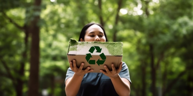 Vrouw met vuilnisbak recyclingconcept Recycle Recycle Plastic gratis Plastic verpakkingen voor junkfood Op het groene natuurlijke bosgebied