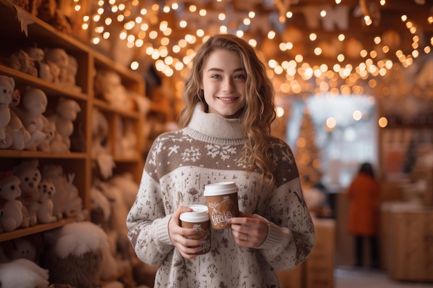 Vrouw met warme cacao en marshmallows winkelen