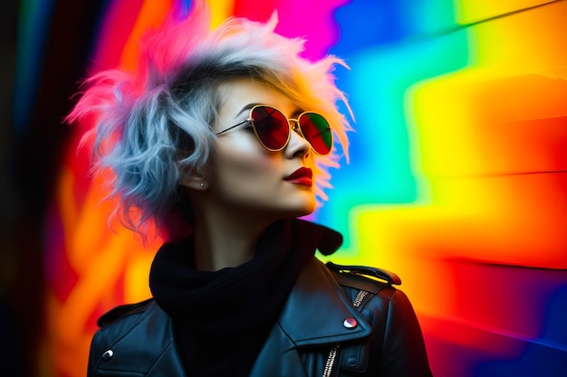 Vrouw met wit haar en zonnebril voor de regenboog achtergrond Generatieve AI