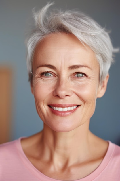 Vrouw met wit haar glimlachend en kijkend naar de camera met een glimlach op haar gezicht Genatieve AI