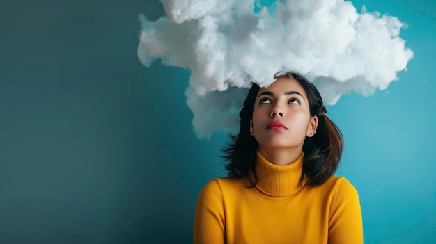 Vrouw met wolken op haar hoofd omarmt een psychedelisch concept