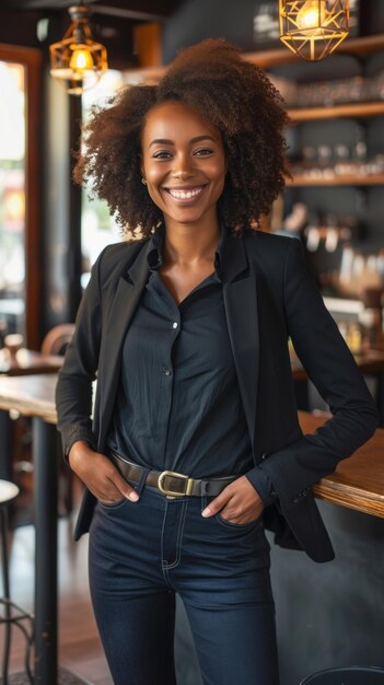 Vrouw met zelfvertrouwen voor een bar