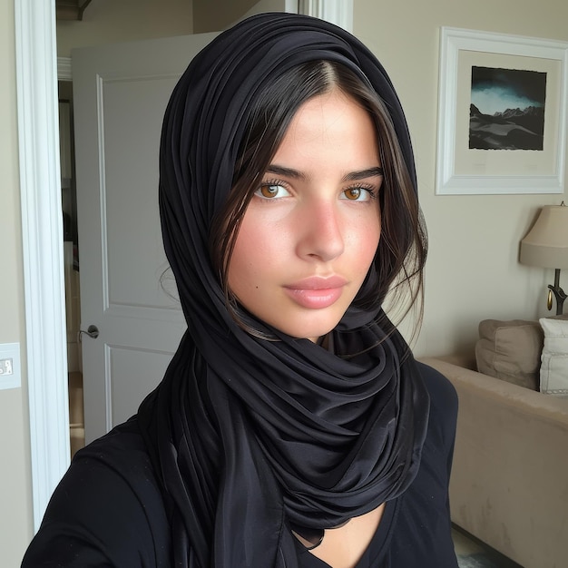 Vrouw met zwarte sjaal in de woonkamer