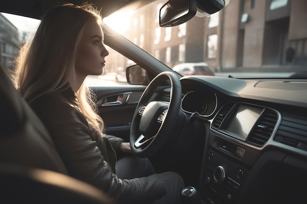 Vrouw moderne auto rijden in de stad bij daglicht