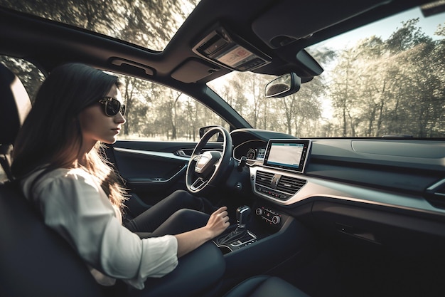 Vrouw moderne auto rijden in de stad bij daglicht