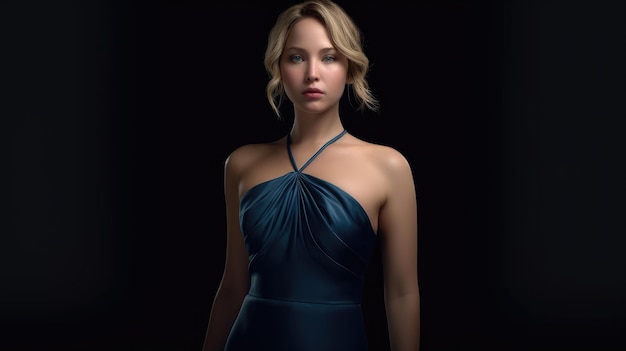 Vrouw mooie blauwe jurk op borst HD 8K achtergrond Stock wallpaper Fotografisch beeld