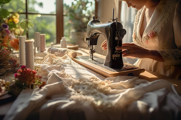 Vrouw naait jurk op moderne machine in gezellige workshop generatieve ai