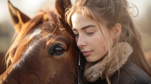 Foto vrouw naast bruin paard