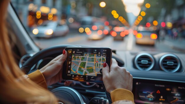 Vrouw navigeert in het stadsverkeer met behulp van een smartphone GPS-app