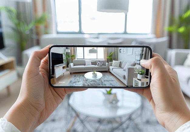 Vrouw neemt een foto van een moderne woonkamer met een smartphone Closeup view