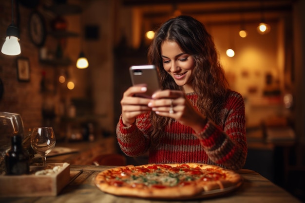 Vrouw neemt foto's van pizza op haar telefoon, om te posten op sociaal netwerk en te praten over het leven.