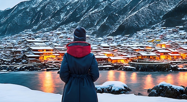 Vrouw observeren van een landschap besneeuwde berg gegenereerde ai