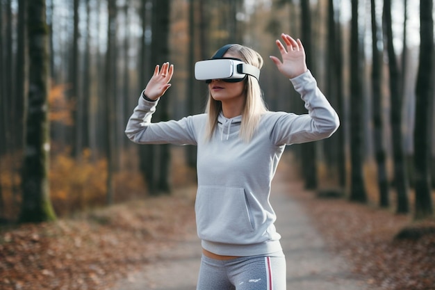 Foto vrouw oefent buiten in de natuur met een vr-bril