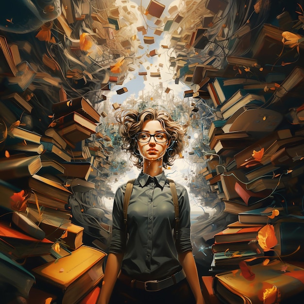 Vrouw omringd door boeken creatieve geest exploderende hersenen vol ideeën en verbeeldingsonderwijs
