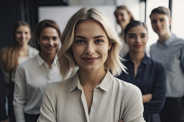 Vrouw omringd door een diverse groep collega's in een moderne kantooromgeving gemaakt met generatieve AI