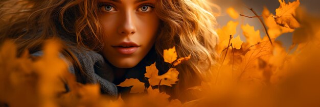 Vrouw omringd door gouden herfstbladeren etherische schoonheid