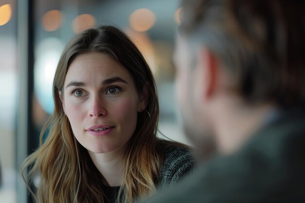 Foto vrouw ondervraagt man aan kantoortafel