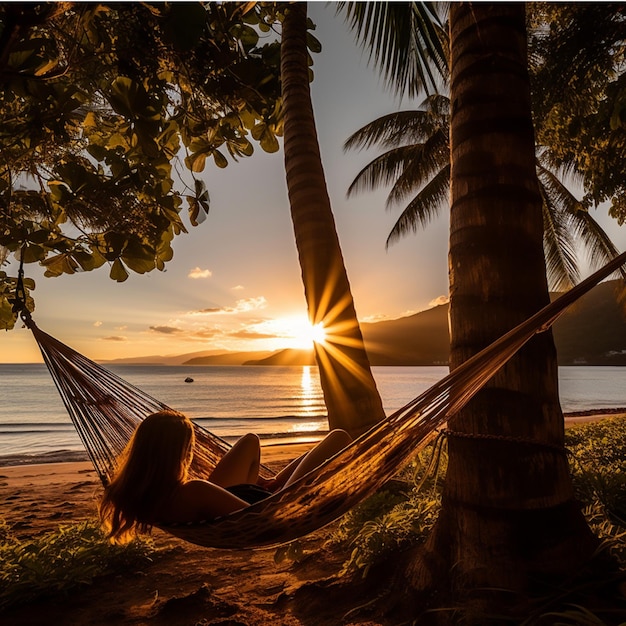 Vrouw ontspannen in hangmat op tropisch strand bij prachtige zonsondergang Zomervakantie concept