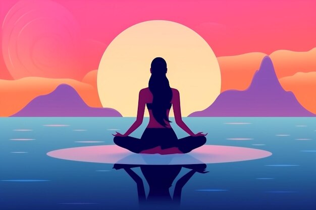 Vrouw ontspanningsoefening meditatie yoga schoonheid zee oceaan rug lotus persoon Generatieve AI