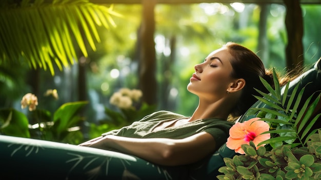 Vrouw ontspant in een spa resort en tropische plant