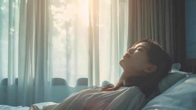 Vrouw ontspant op bed in het zachte ochtendlicht met doorzichtige gordijnen
