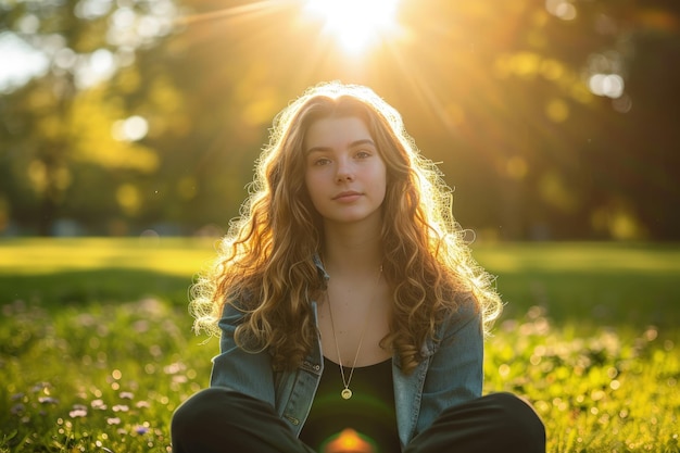 Vrouw ontspant zich in het gras met gesloten ogen