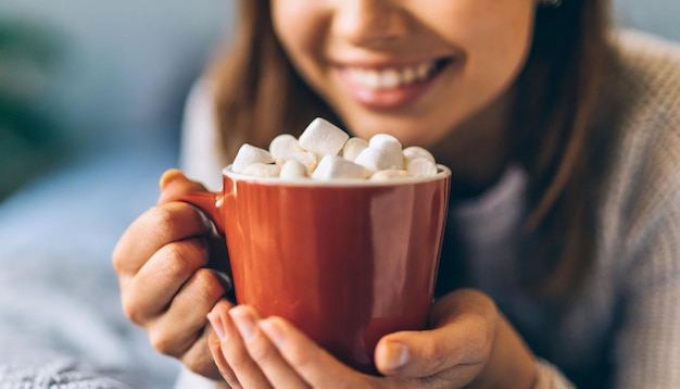 Vrouw ontspant zich op bed met stoomende warme chocolade met marshmallows die een warme en comfortabele sfeer creëren