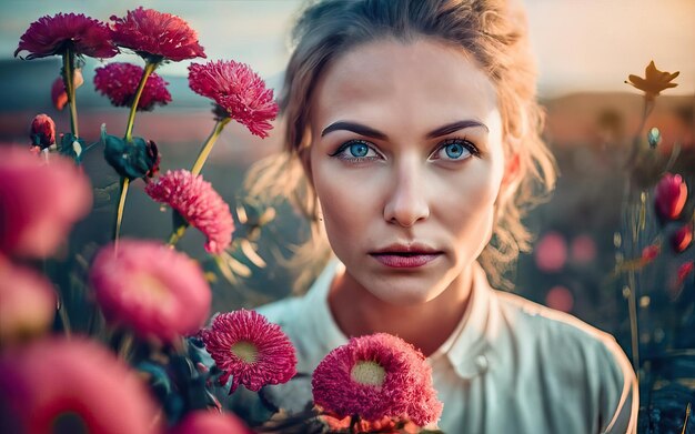 Foto vrouw op de foto met bloemen