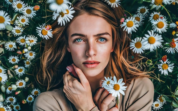 Vrouw op de foto met bloemen