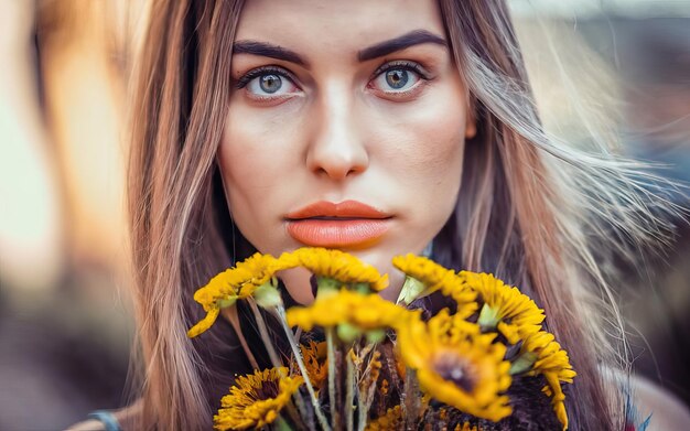 Foto vrouw op de foto met bloemen