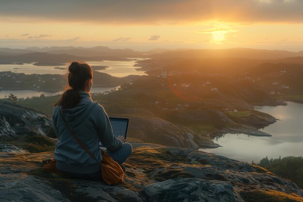 Vrouw op de top van de berg met een laptop bewondert de zonsondergang over het meer