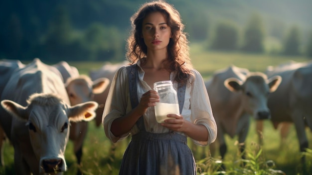 Vrouw op een boerderij met melk Generatieve AI Voedsel